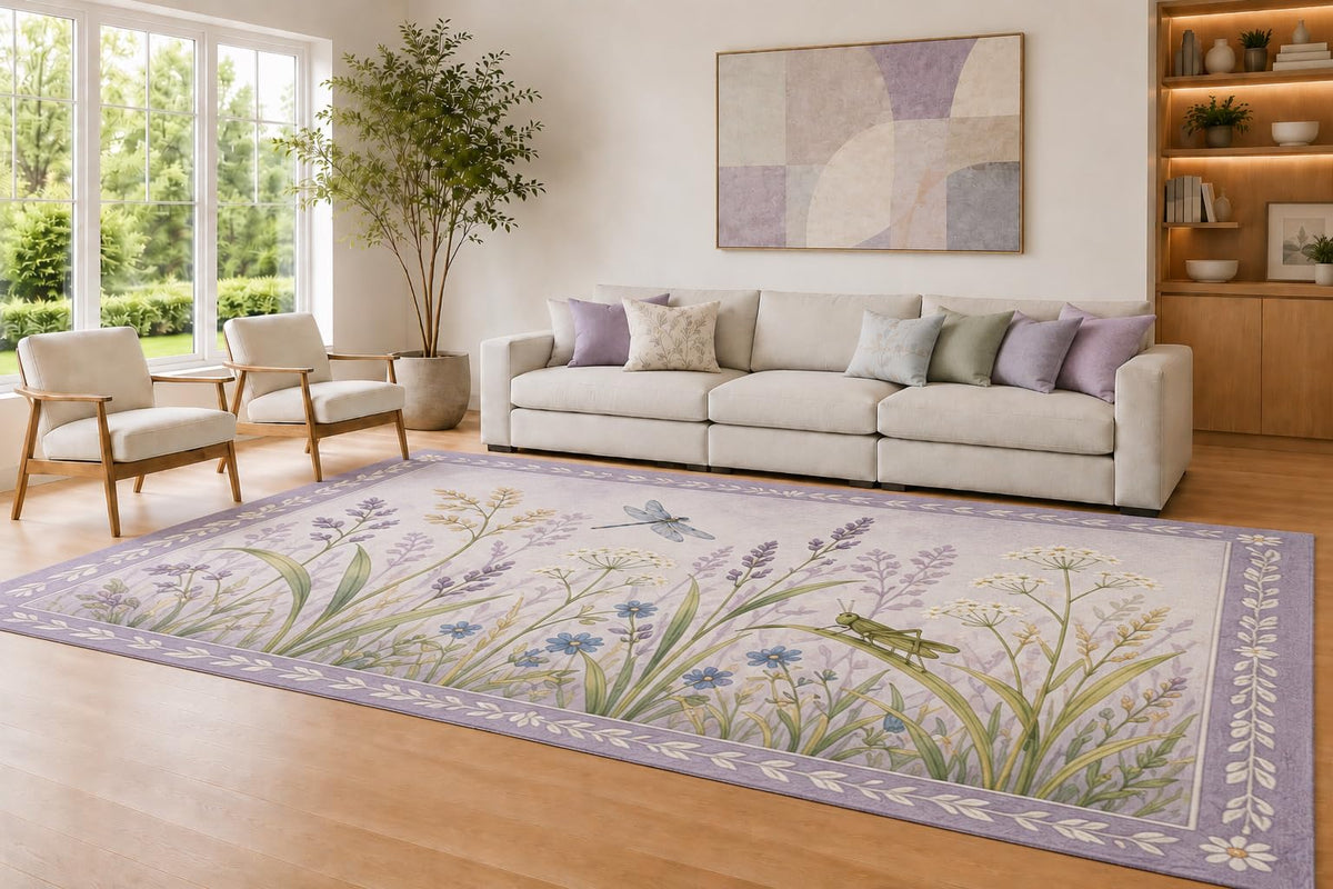 ICE ARMOR Large 6'7" x 9'10" Lavender and Cream Dragonfly Meadow Area Rug for Living Room, Soft Low Pile Carpet with Non-Slip Silicone Backing, Decor for Bedroom and Home Office