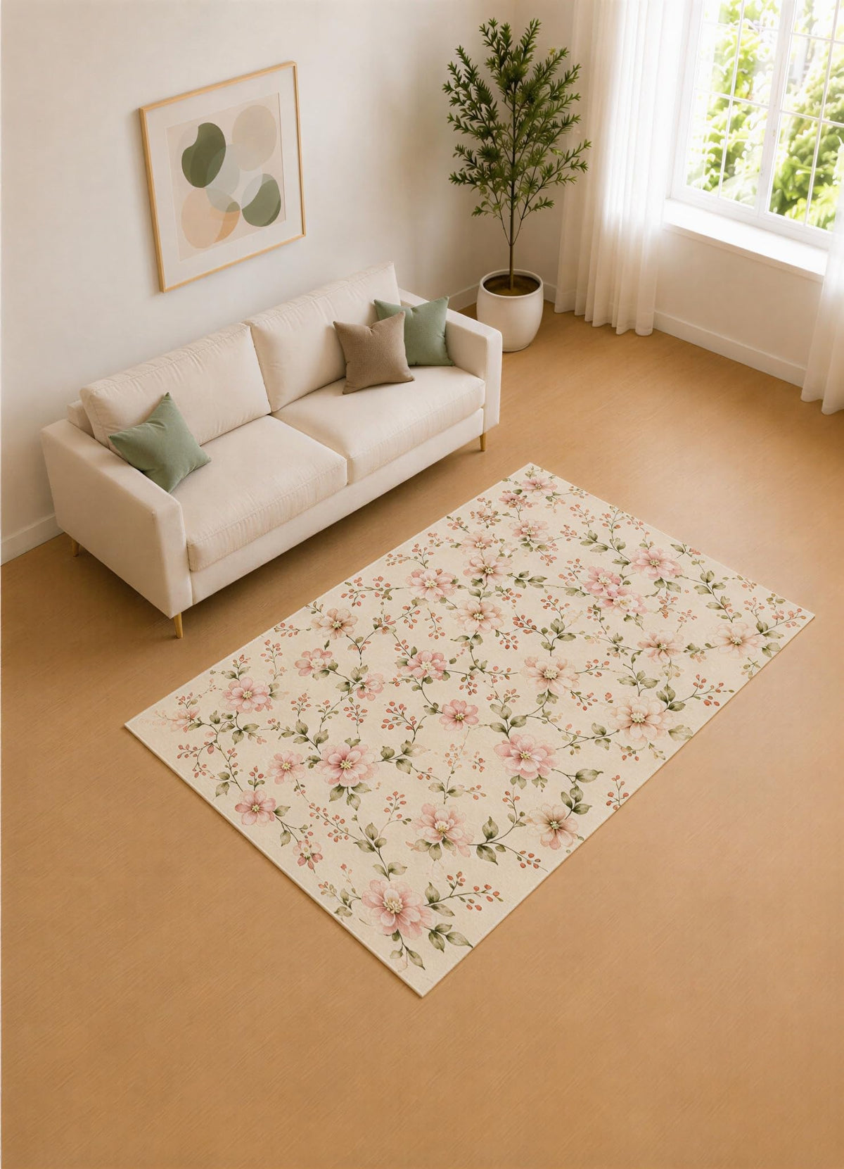 ICE ARMOR 5' x 7' Blush Pink and Ivory Floral Vines Area Rug for Living Room, Soft Low Pile Carpet with Non-Slip Silicone Backing, Decor for Bedroom and Home Office