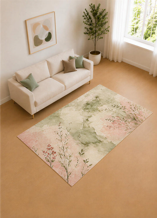 ICE ARMOR 5' x 7' Sage Green and Blush Watercolor Garden Area Rug for Living Room, Soft Low Pile Carpet with Non-Slip Silicone Backing, Decor for Bedroom and Home Office