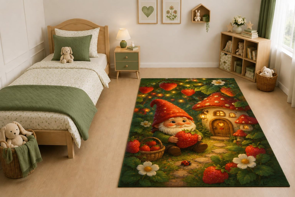 ICE ARMOR "Ultra Light Weight 5' x 7' Strawberry Gnome Garden Area Rug for Living Room, Bedroom and Home Office, Soft Low Pile Carpet with Non-Slip Silicone Backing, Red and Green