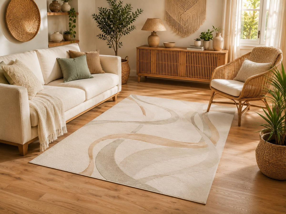 ICE ARMOR 5' x 7' Abstract Flow Line Area Rug, Soft Low Pile Indoor Rug with Non-Slip Silicone Backing for Living Room, Bedroom, Dining Room, Office, Neutral