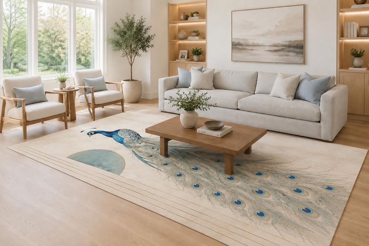 ICE ARMOR Large 6'7" x 9'10" Teal and Ivory Elegant Peacock Feathers Area Rug for Living Room, Soft Low Pile Carpet with Non-Slip Silicone Backing, Decor for Bedroom, Dining Area and Home Office
