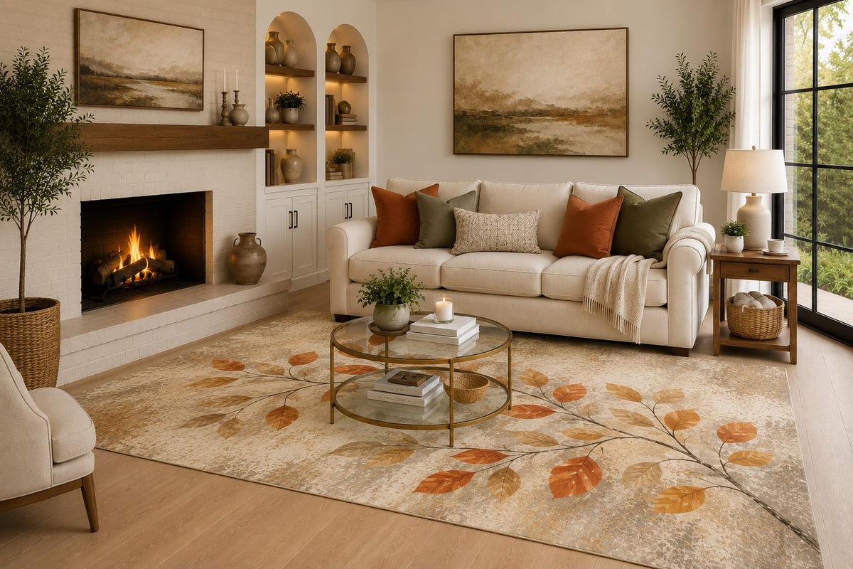 ICE ARMOR 6'7" x 9'10" Beige, Burnt Orange and Taupe Autumn Leaf Branch Area Rug for Living Room, Soft Low Pile Carpet with Non-Slip Backing for Bedroom and Dining Room