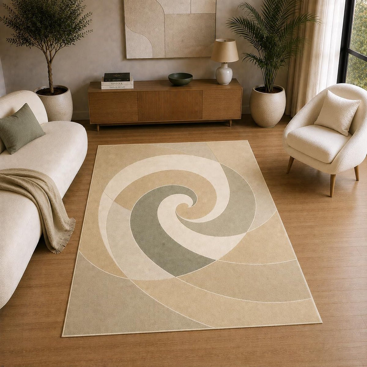 ICE ARMOR 5' x 7' Modern Spiral Abstract Area Rug for Living Room, Soft Low Pile Indoor Rug with Non-Slip Silicone Backing, Decorative Carpet for Bedroom, Office, Family Room, Beige