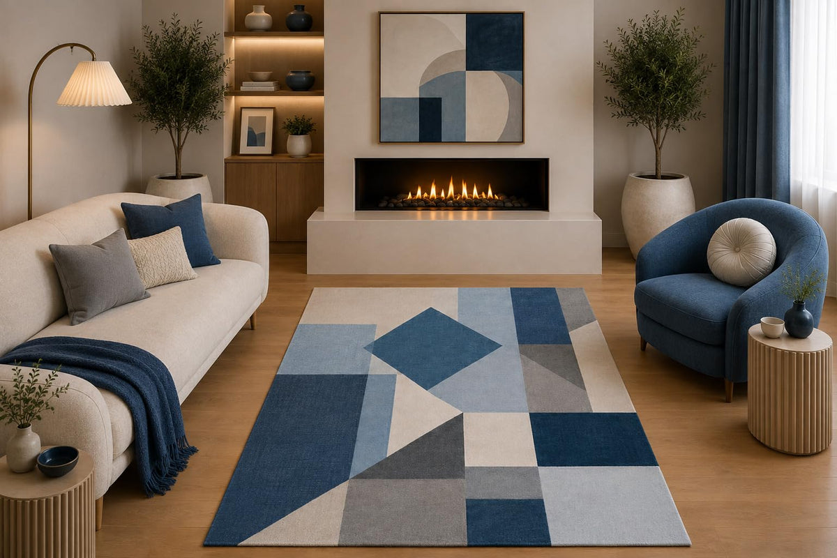 ICE ARMOR 5' x 7' Modern Geometric Area Rug Abstract Navy Blue Gray Beige Color Block Design for Living Room Bedroom Dining Room Office Non-Slip Silicone Backing Low Pile