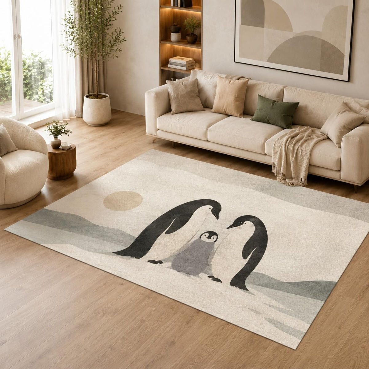 ICE ARMOR 5' x 7' Penguin Family Area Rug, Soft Low Pile Indoor Rug with Non-Slip Silicone Backing, Cute Arctic Animal Carpet for Living Room, Bedroom, Nursery, Kids Room, Family Room, Cream Gray
