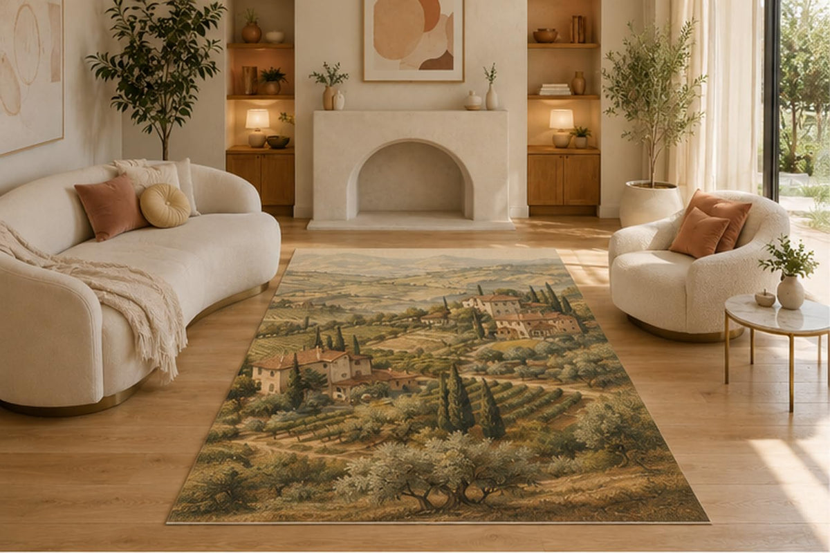 ICE ARMOR 5' x 7' Tuscan Countryside Area Rug for Living Room, Soft Low Pile Indoor Rug with Non-Slip Silicone Backing, Decorative Carpet for Bedroom, Office, Farmhouse & Rustic Decor, Green