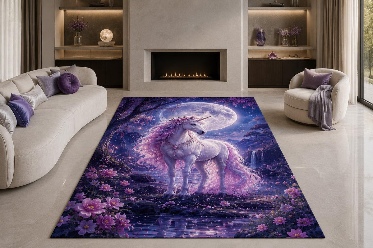 ICE ARMOR "Ultra Lightweight Large 6'7" x 9'10" Moonlit Unicorn Area Rug for Living Room, Bedroom and Home Office, Soft Low Pile Carpet with Non-Slip Silicone Backing, Purple and Blue