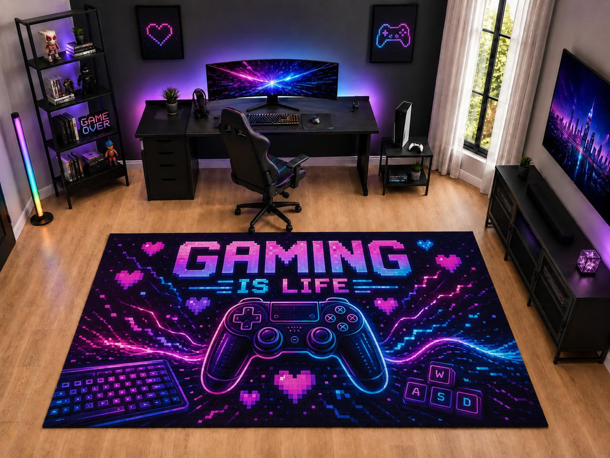 ICE ARMOR "Ultra Light Weight Large 6'7" x 9'10" Gaming is Life Controller Area Rug for Kids Room, Soft Low Pile Indoor Rug and Non-Slip Silicone Backing, Purple