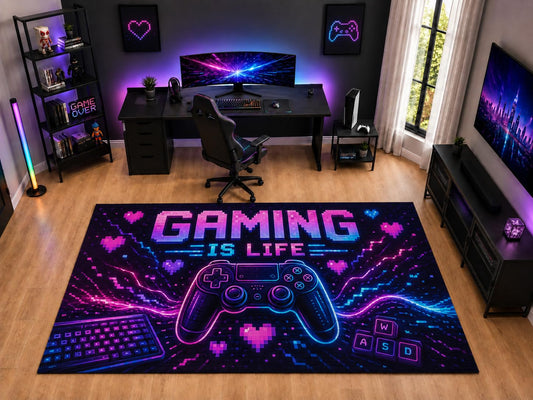 ICE ARMOR "Ultra Light Weight Large 6'7" x 9'10" Gaming is Life Controller Area Rug for Kids Room, Soft Low Pile Indoor Rug and Non-Slip Silicone Backing, Purple