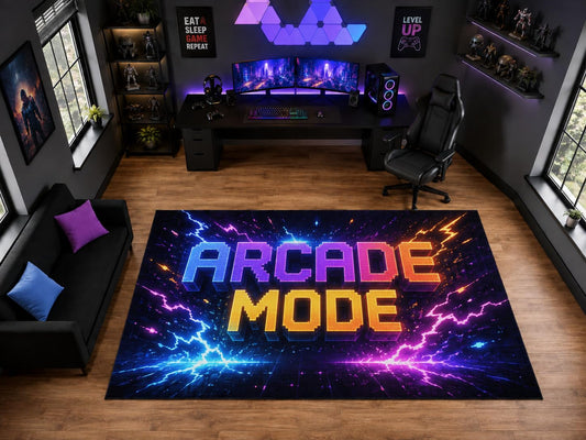 ICE ARMOR "Ultra Light Weight Large 6'7" x 9'10" Arcade Mode Neon Text Area Rug for Gaming Room Decor, Soft Low Pile Indoor Rug with Non-Slip Silicone Backing, Multicolor