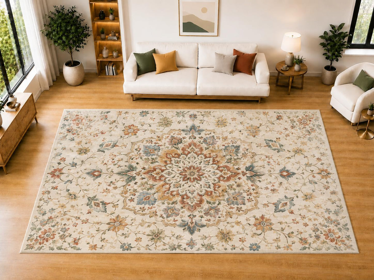 ICE ARMOR "Ultra Light Weight Large 6'7 x 9'10 Classic Floral Medallion Area Rug for Living Room, Dining Room, and Bedroom, Soft Low Pile Indoor Rug, Elegant Floor Decor