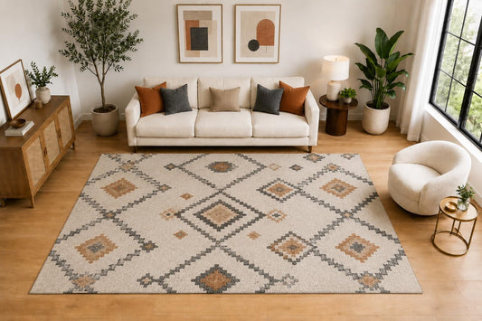 ICE ARMOR Large 6'7" x 9'10" Boho Diamond Lattice Area Rug for for Bedroom, Living Room, Soft Low Pile Indoor Rug with Non-Slip Silicone Backing, Ivory Gray Rust