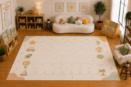 ICE ARMOR Large 6'7" x 9'10" Prewriting Tracing Lines Area Rug for for Kids Room, Classroom, Bedroom, Playroom Decor, Soft Low Pile Indoor Rug with Non-Slip Silicone Backing, Pastel Multicolor