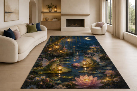 ICE ARMOR "Ultra Lightweight Large 6'7" x 9'10" Fairy Frog Moon Pond Area Rug for Living Room, Bedroom and Home Office, Soft Low Pile Carpet with Non-Slip Silicone Backing, Blue and Pink