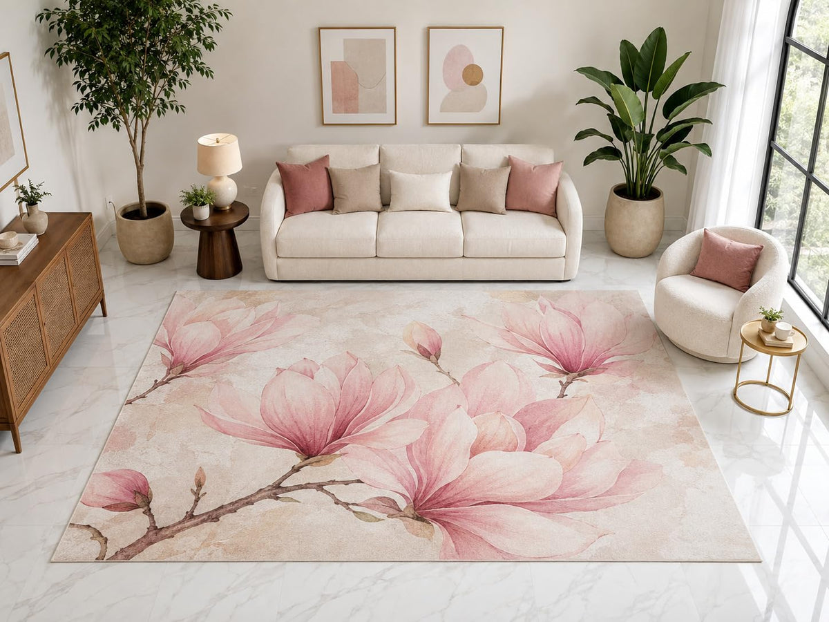 ICE ARMOR "Ultra Light Weight Large 6'7" x 9'10" Pink Magnolia Rug, Soft Low Pile Indoor Rug, Non-Slip Silicone Backing for Living Room Blush Pink