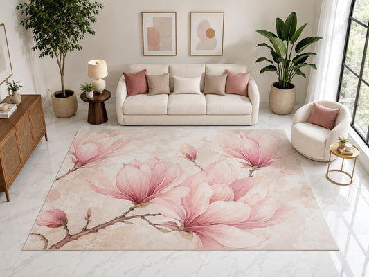 ICE ARMOR "Ultra Light Weight Large 6'7" x 9'10" Pink Magnolia Rug, Soft Low Pile Indoor Rug, Non-Slip Silicone Backing for Living Room Blush Pink