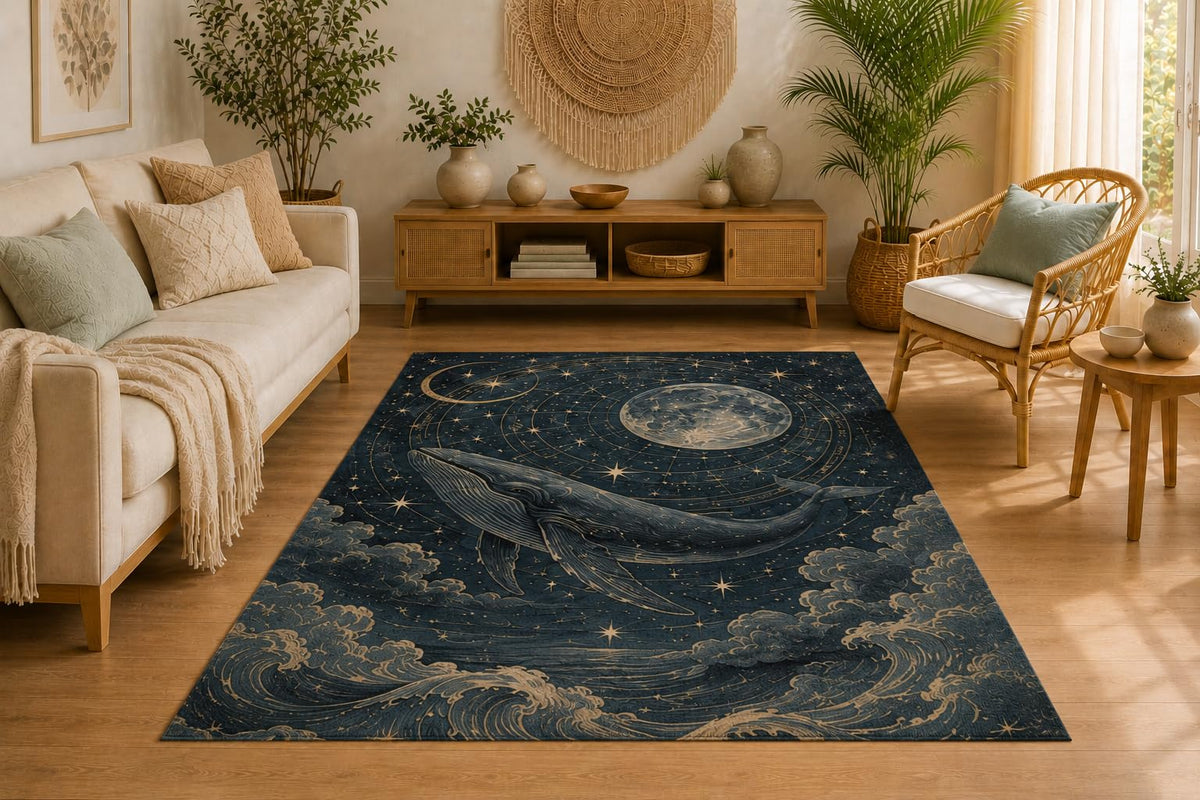 ICE ARMOR 5' x 7' Celestial Whale Area Rug, Soft Low Pile Indoor Rug with Non-Slip Silicone Backing, Decorative Carpet for Living Room, Bedroom, Dining Room, Office, Moon and Stars Ocean Theme