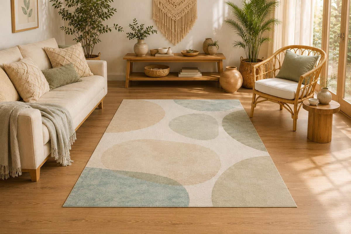 ICE ARMOR 5' x 7' Abstract Pebble Pattern Area Rug, Soft Low Pile Indoor Rug with Non-Slip Silicone Backing for Living Room, Bedroom, Dining Room, Office, Cream