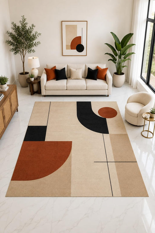 ICE ARMOR "Ultra Light Weight Large 6'7" x 9'10" Abstract Shape Rug, Soft Low Pile Indoor Rug, Non-Slip Silicone Backing Living Room Terracotta