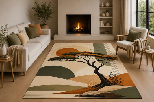 ICE ARMOR 5' x 7' Geometric Tree Landscape Area Rug with Non-Slip Silicone Backing Low Pile Soft Carpet for Living Room Bedroom Office Modern Nature Decor