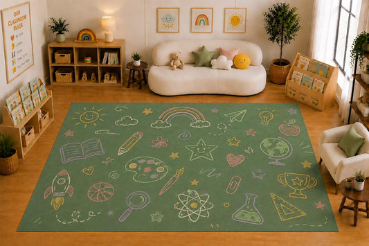 ICE ARMOR Large 6'7" x 9'10" Chalkboard School Doodles Area Rug for Kids Room, Classroom, Bedroom, Playroom Decor, Soft Low Pile Indoor Rug with Non-Slip Silicone Backing, Green Multicolor