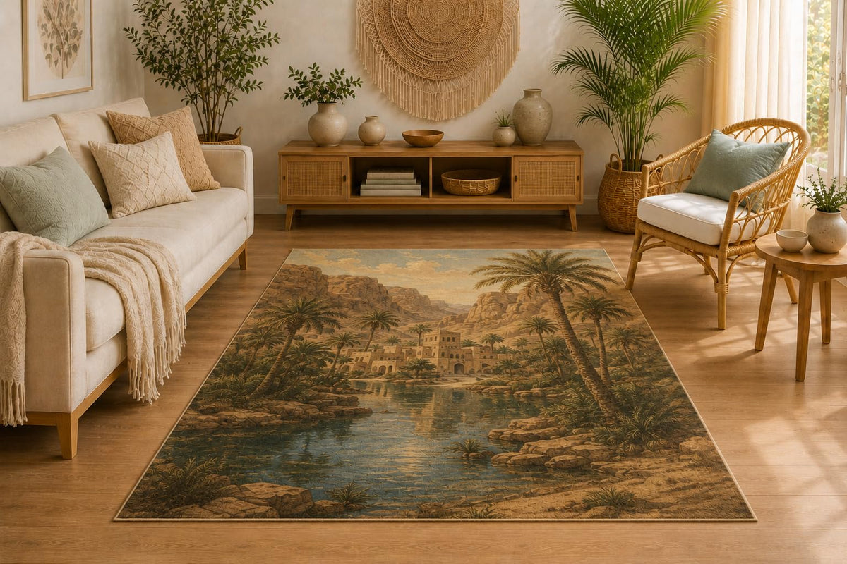 ICE ARMOR 5' x 7' Desert Oasis Area Rug, Palm Tree Canyon Landscape, Soft Low Pile Rug with Non-Slip Silicone Backing for Living Room, Bedroom, Office