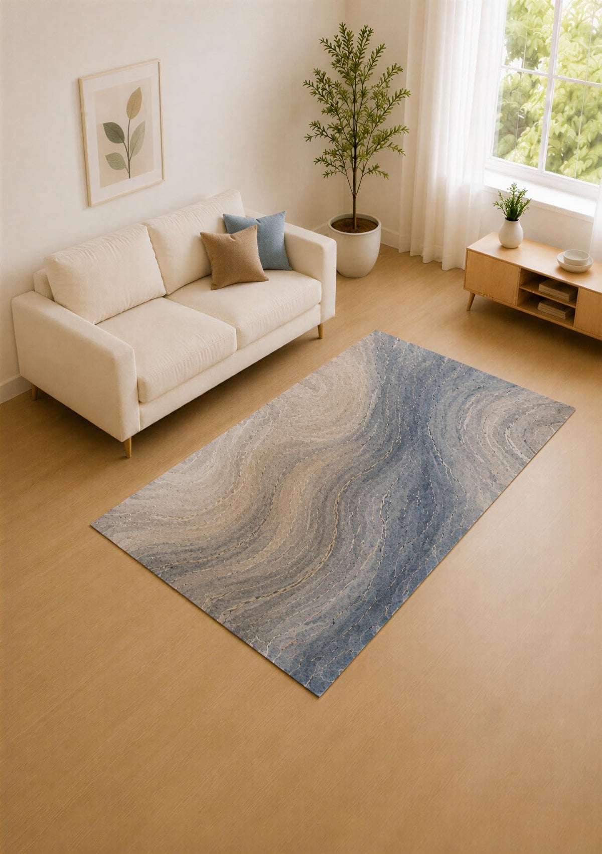 ICE ARMOR 5' x 7' Blue Gray and Beige Granite Swirl Area Rug for Living Room, Soft Low Pile Carpet with Non-Slip Silicone Backing, Decor for Bedroom and Home Office