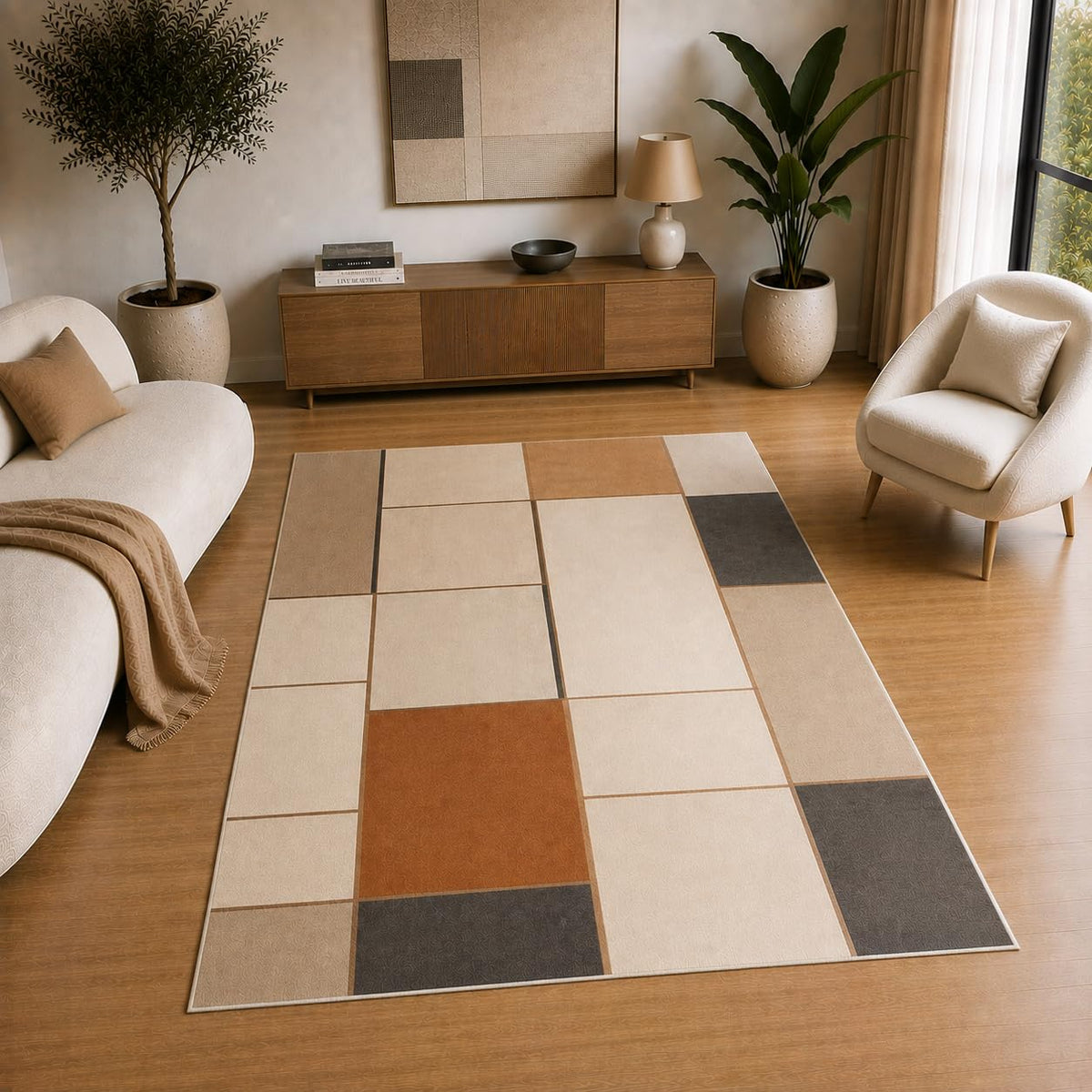 ICE ARMOR 5' x 7' Modern Geometric Block Area Rug for Living Room, Soft Low Pile Indoor Rug with Non-Slip Silicone Backing, Decorative Carpet for Bedroom, Office, Family Room, Beige