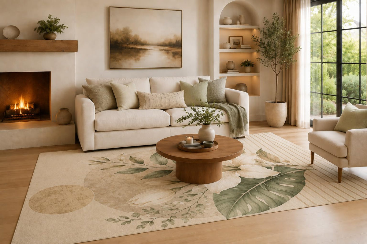 ICE ARMOR Large 6'7" x 9'10" Beige and Sage Green Tropical Floral Stripe Area Rug for Living Room, Soft Low Pile Carpet with Non-Slip Silicone Backing, Decor for Bedroom, Dining Area and Home Office