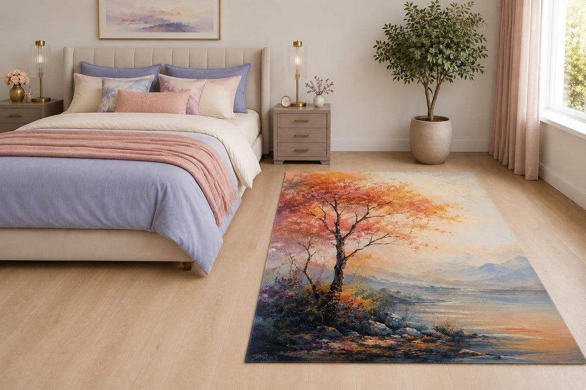 ICE ARMOR "Ultra Light Weight 5' x 7' Autumn Lakeside Tree Area Rug for Living Room, Bedroom and Home Office, Soft Low Pile Carpet with Non-Slip Silicone Backing, Peach and Blue