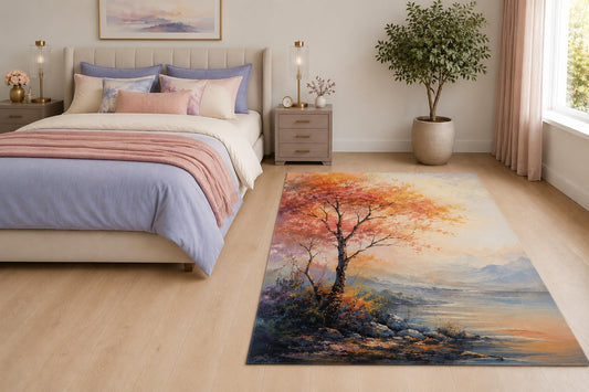 ICE ARMOR "Ultra Light Weight 5' x 7' Autumn Lakeside Tree Area Rug for Living Room, Bedroom and Home Office, Soft Low Pile Carpet with Non-Slip Silicone Backing, Peach and Blue