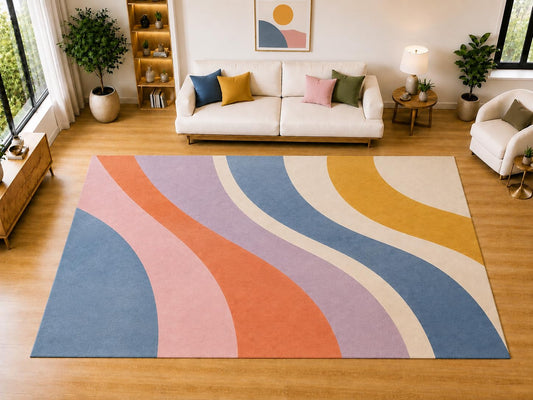 ICE ARMOR "Ultra Light Weight Large 6'7 x 9'10 Curved Retro Stripes Area Rug for Living Room, Dining Room, and Bedroom, Soft Low Pile Indoor Rug, Stylish Floor Decor