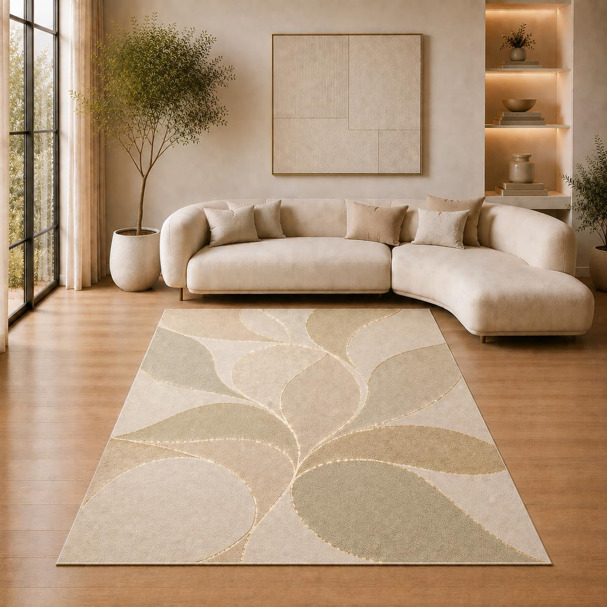 ICE ARMOR 5' x 7' Abstract Leaf Pattern Area Rug for Living Room, Soft Low Pile Indoor Rug with Non-Slip Silicone Backing, Decorative Carpet for Bedroom, Office, Family Room, Sage Green