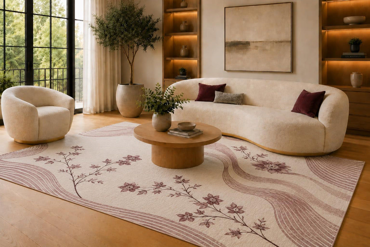 ICE ARMOR 6'7" x 9'10" Cream and Maroon Floral Waves Area Rug for Living Room, Soft Low Pile Carpet with Non-Slip Silicone Backing, Floor Decor for Bedroom, Dining Room and Home Office