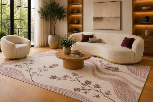 ICE ARMOR 6'7" x 9'10" Cream and Maroon Floral Waves Area Rug for Living Room, Soft Low Pile Carpet with Non-Slip Silicone Backing, Floor Decor for Bedroom, Dining Room and Home Office
