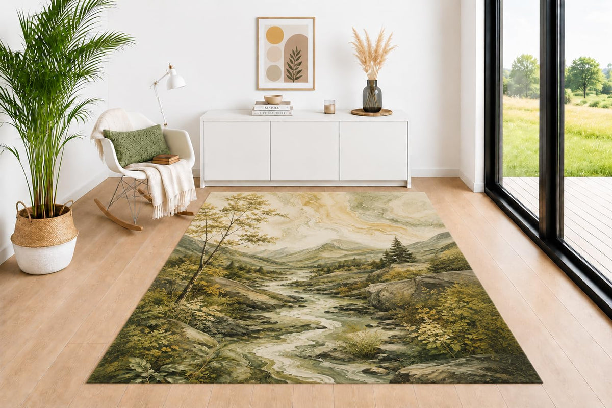 ICE ARMOR 5' x 7' Boho Feather Area Rug, Soft Feather and Leaf Pattern in Sage Green Beige Mustard Terracotta Earth Tones, Neutral Carpet for Living Room Bedroom Office Decor