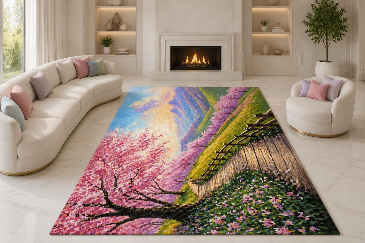 ICE ARMOR "Ultra Lightweight Large 6'7" x 9'10" Blossom Garden Bridge Area Rug for Living Room, Bedroom and Home Office, Soft Low Pile Carpet with Non-Slip Silicone Backing, Pink and Green