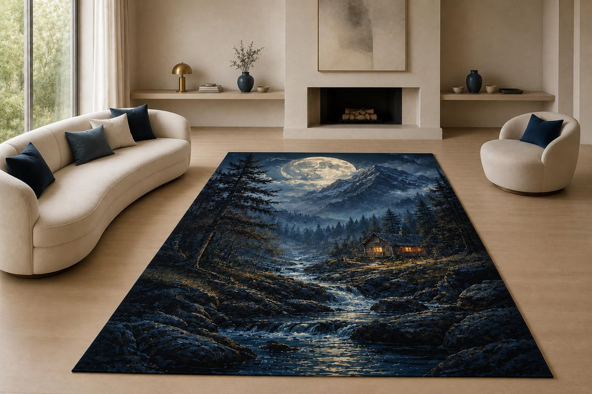 ICE ARMOR "Ultra Lightweight Large 6'7" x 9'10" Moonlit Mountain Cabin Area Rug for Living Room, Bedroom and Home Office, Soft Low Pile Carpet with Non-Slip Silicone Backing, Blue and Black