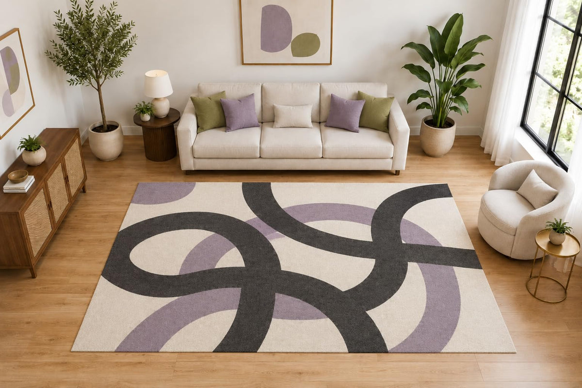 ICE ARMOR Large 6'7" x 9'10" Abstract Interlocking Loop Area Rug for for Bedroom, Living Room, Soft Low Pile Indoor Rug with Non-Slip Silicone Backing, Ivory Lavender Charcoal