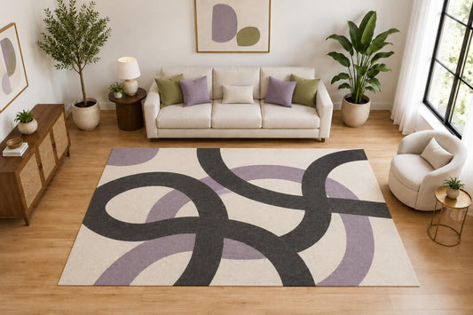 ICE ARMOR Large 6'7" x 9'10" Abstract Interlocking Loop Area Rug for for Bedroom, Living Room, Soft Low Pile Indoor Rug with Non-Slip Silicone Backing, Ivory Lavender Charcoal
