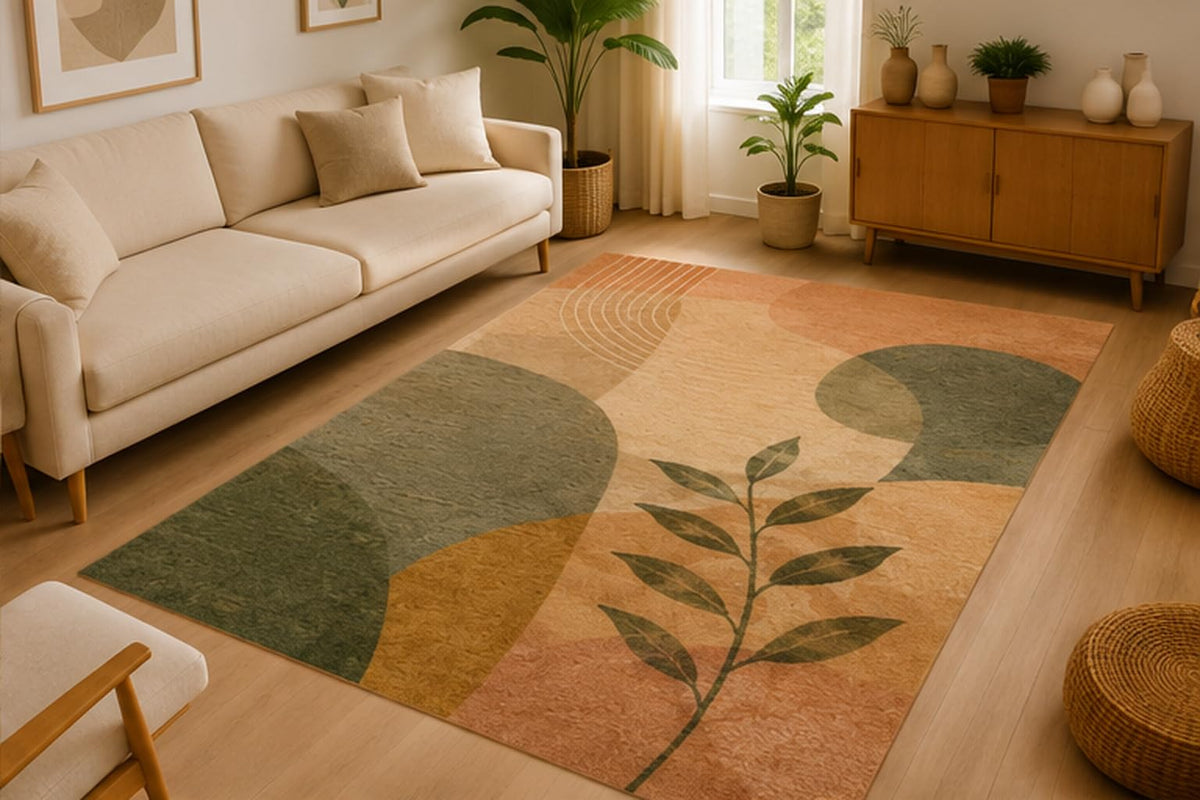 ICE ARMOR 5' x 7' Layered Abstract Shapes Area Rug Soft Low Pile Indoor Rug with Non-Slip Silicone Backing Modern Geometric Carpet for Living Room Bedroom Office Family Room Beige Green