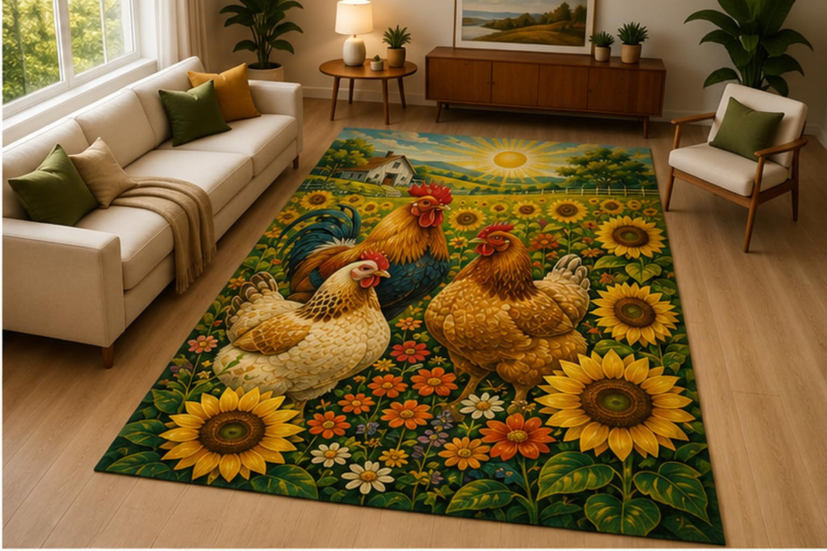 ICE ARMOR 5' x 7' Chicken Farmyard Sunflower Area Rug Soft Low Pile Indoor Rug with Non Slip Silicone Backing Rustic Animal Decor Carpet for Living Room Kitchen Dining, Family Room Kids & Pets Green