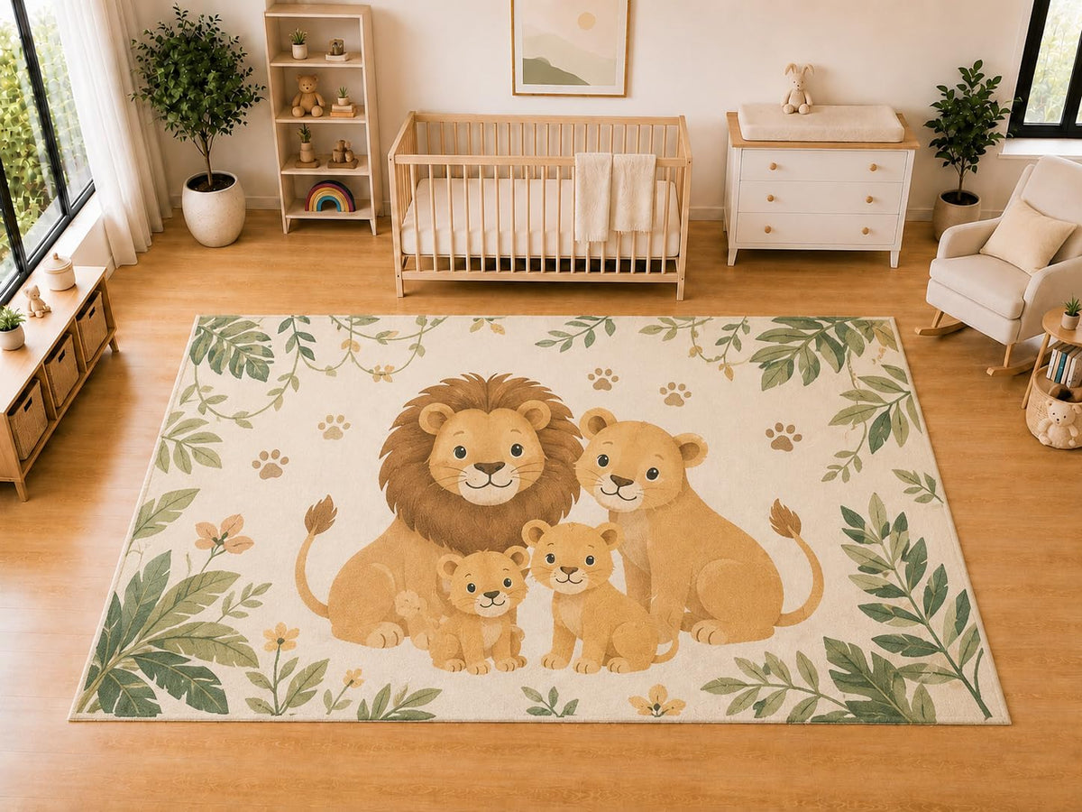 ICE ARMOR "Ultra Light Weight Large 6'7 x 9'10 Lion Family Area Rug for Kids Room, Nursery, Playroom, Soft Low Pile Indoor Carpet, Cute Jungle Animal Floor Decor