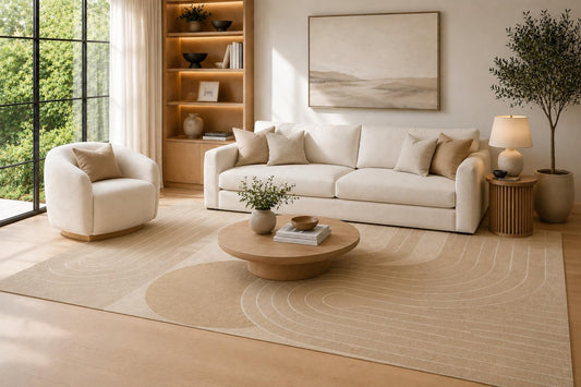 ICE ARMOR Large 6'7" x 9'10" Beige and Ivory Flowing Contour Lines Area Rug for Living Room, Soft Low Pile Carpet with Non-Slip Silicone Backing, Decor for Bedroom and Home Office