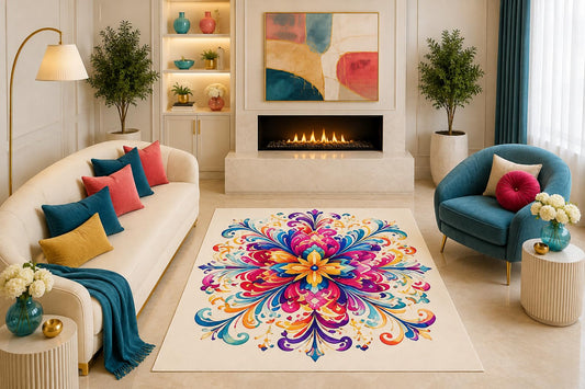 ICE ARMOR "Ultra Light Weight 5' x 7' Pink Teal Bohemian Floral Mandala Area Rug Colorful Ornamental Living Room Bedroom Home Decor Non-Slip Silicone Backing Low Pile