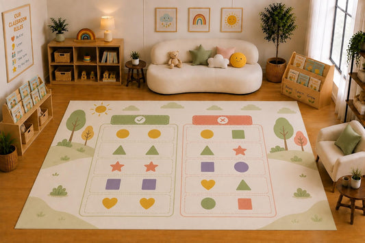 ICE ARMOR Large 6'7" x 9'10" Shape Matching Learning Area Rug for for Kids Room, Classroom, Bedroom, Playroom Decor, Soft Low Pile Indoor Rug with Non-Slip Silicone Backing, Pastel Multicolor