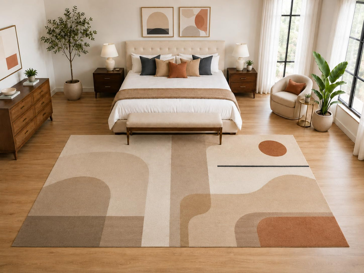 ICE ARMOR "Ultra Light Weight Large 6'7" x 9'10" Mid Century Geometric Rug, Soft Low Pile Indoor Rug, Non-Slip Silicone Backing for Living Room Beige