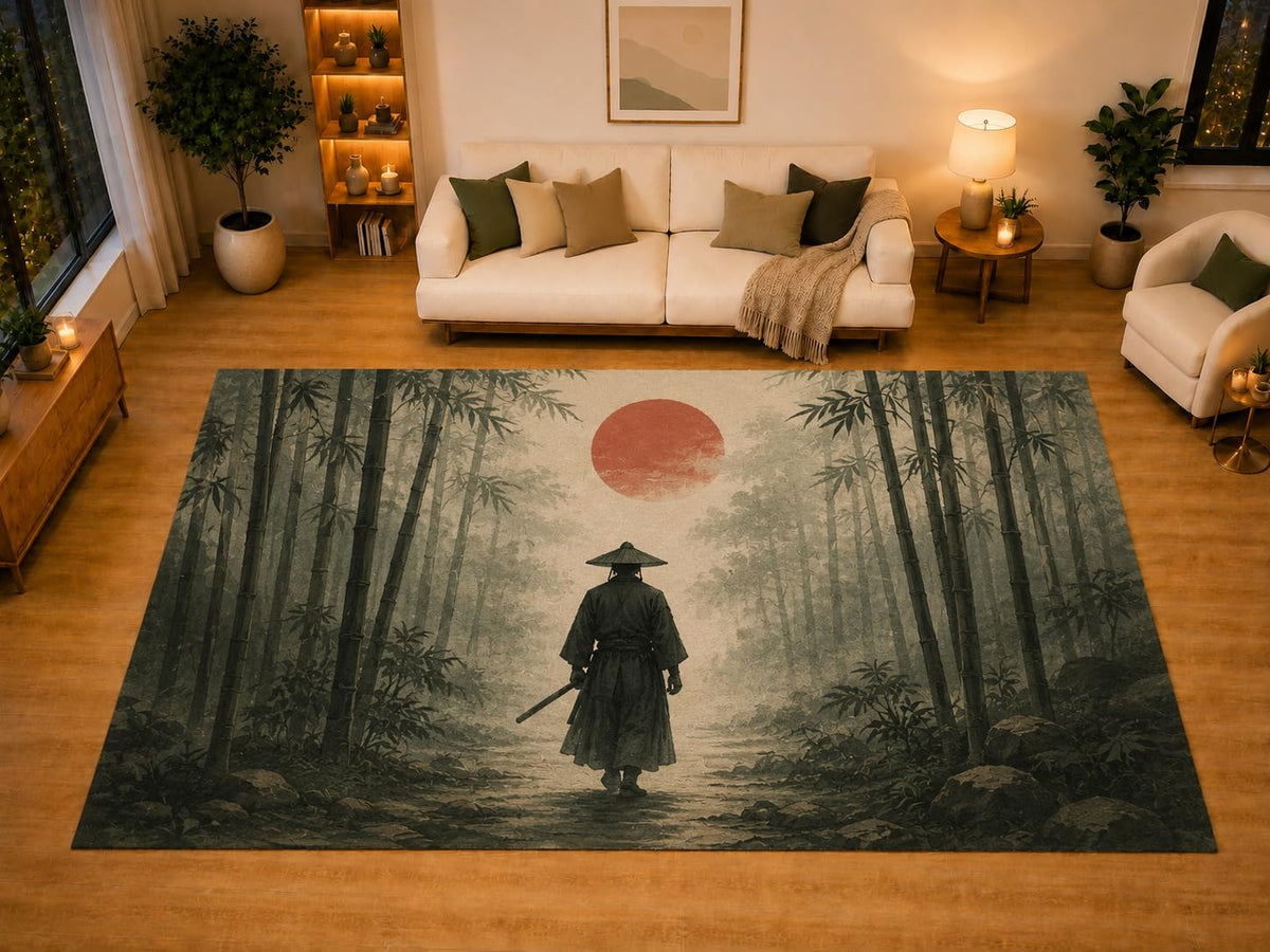 ICE ARMOR "Ultra Light Weight Large 6'7" x 9'10" Bamboo Samurai Area Rug for Living Room Bedroom Dining Area, Soft Low Pile Non-Slip Backing, Beige Green Red Japanese Warrior Decor