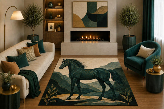 ICE ARMOR "Ultra Light Weight 5' x 7' Black Horse Area Rug Modern Equestrian Mountain Landscape Art for Living Room Bedroom Office Farmhouse Decor Non-Slip Silicone Backing Low Pile